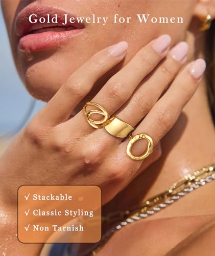 ZOERAY Chunky Gold Rings for Women Non Tarnish Stackable Statement Ring | 14K Gold Plated, Stacking Thumb Ring Set, Signet Open Twist Dome Band Rings, Gold Jewelry Gifts for Women, Size 5 6 7 8 9 10
